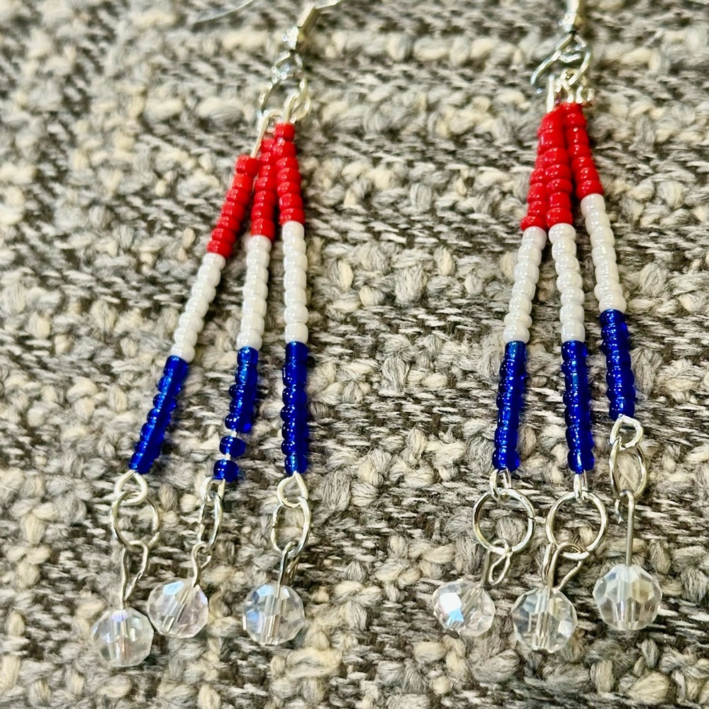 Handmade Beaded Dangle Earrings Patriotic Red, White, and Blue